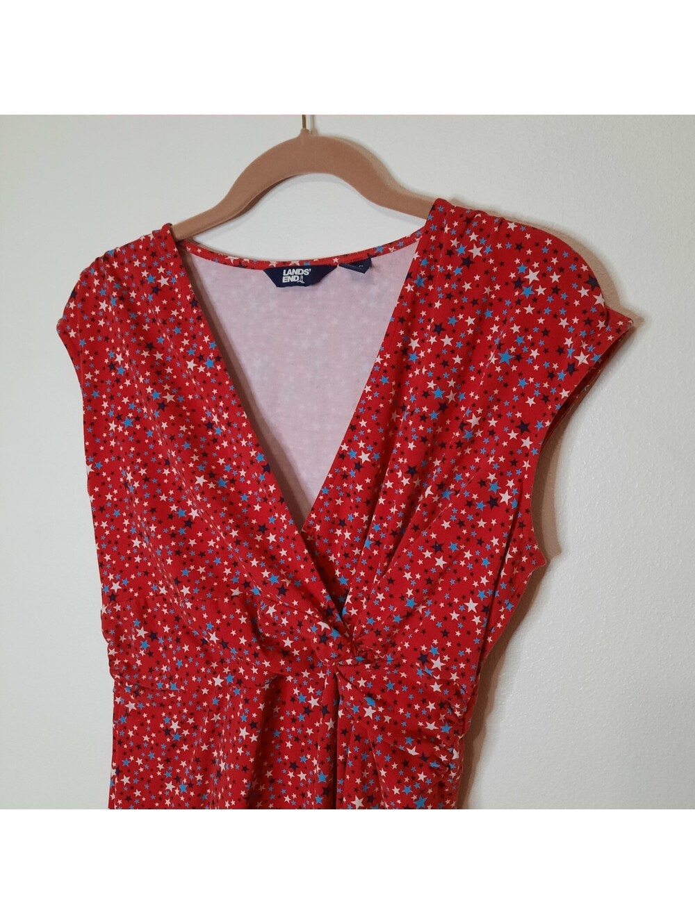 Lands End Red Blue Stars Faux Wrap Sleeveless Cotton Blend Midi Dress Sz Small